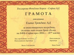 ELANA Trading ranked 2nd in the 2016 Bulgarian Stock Exchange rankings.